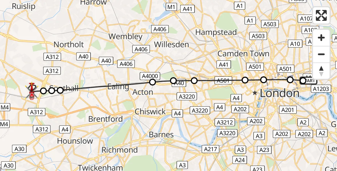 Flight route map: Air Ambulance Helicopter to London Borough of Hillingdon, Fourth Avenue