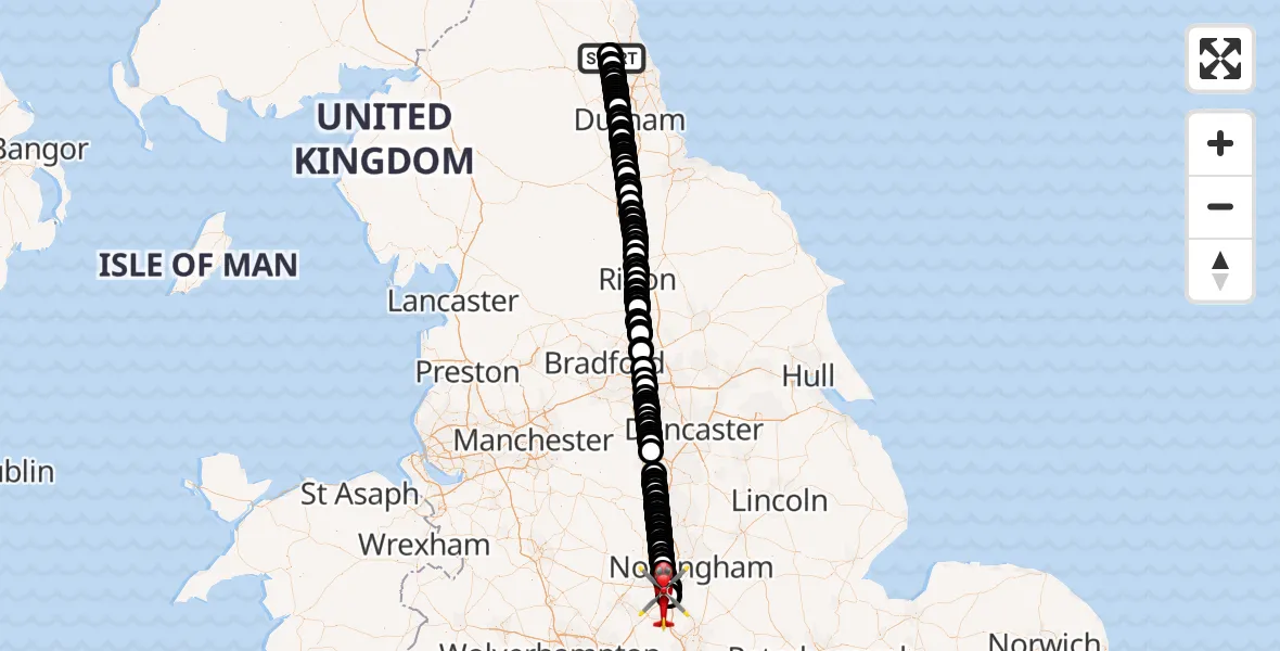 Flight route map: Air Ambulance Helicopter to East Midlands Airport, East Midlands Airport