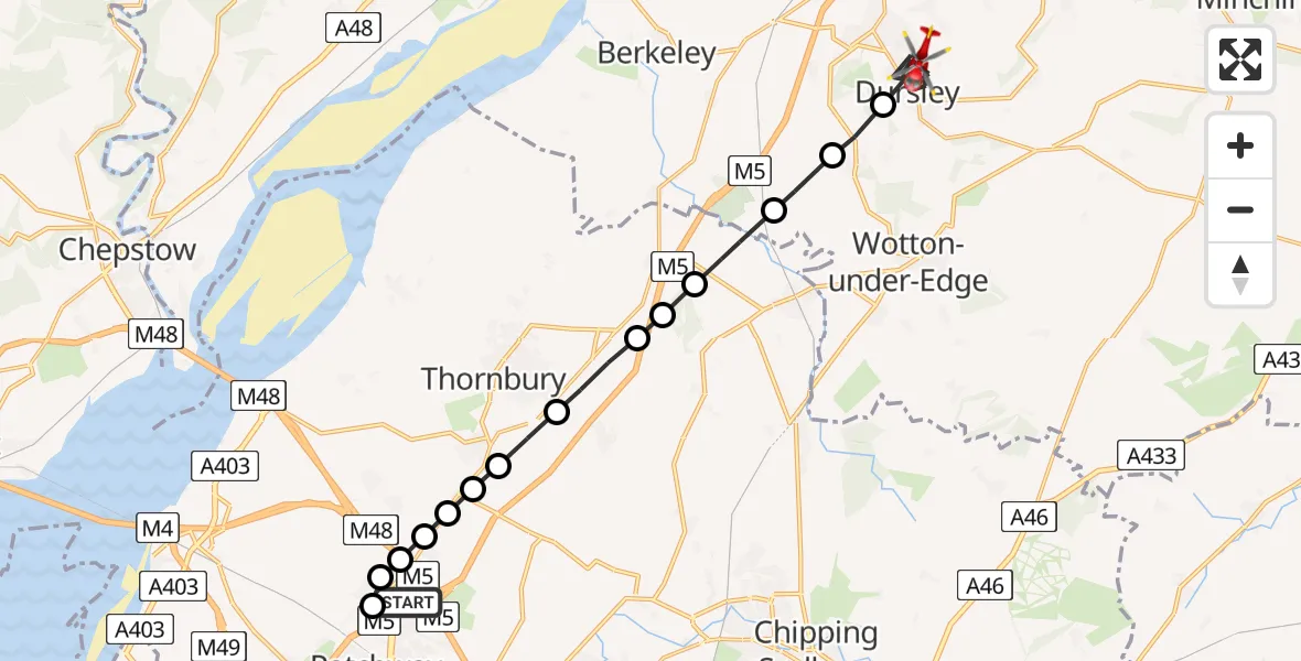 Flight route map: Air Ambulance Helicopter to Dursley, Springhill Old Court