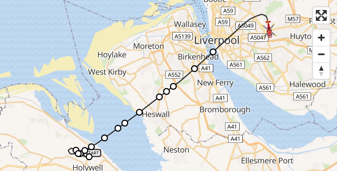 Routekaart van de vlucht: Air Ambulance Helicopter to Liverpool, South Drive