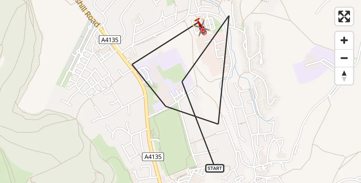 Flight route map: Air Ambulance Helicopter to Dursley, Lister Road