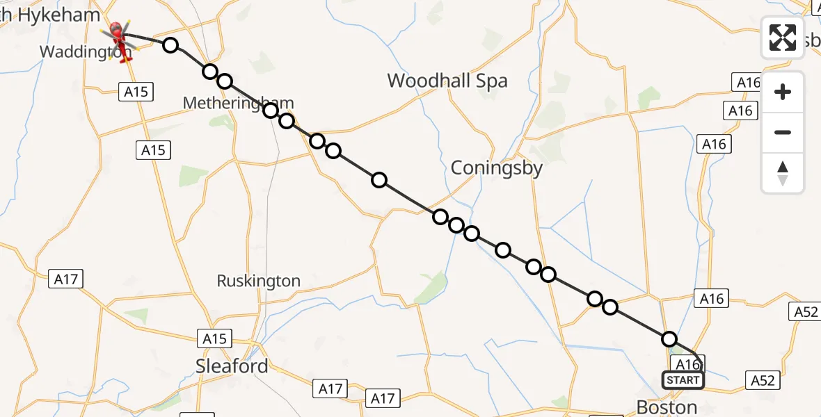 Routekaart van de vlucht: Air Ambulance Helicopter to North Kesteven, Sleaford Road