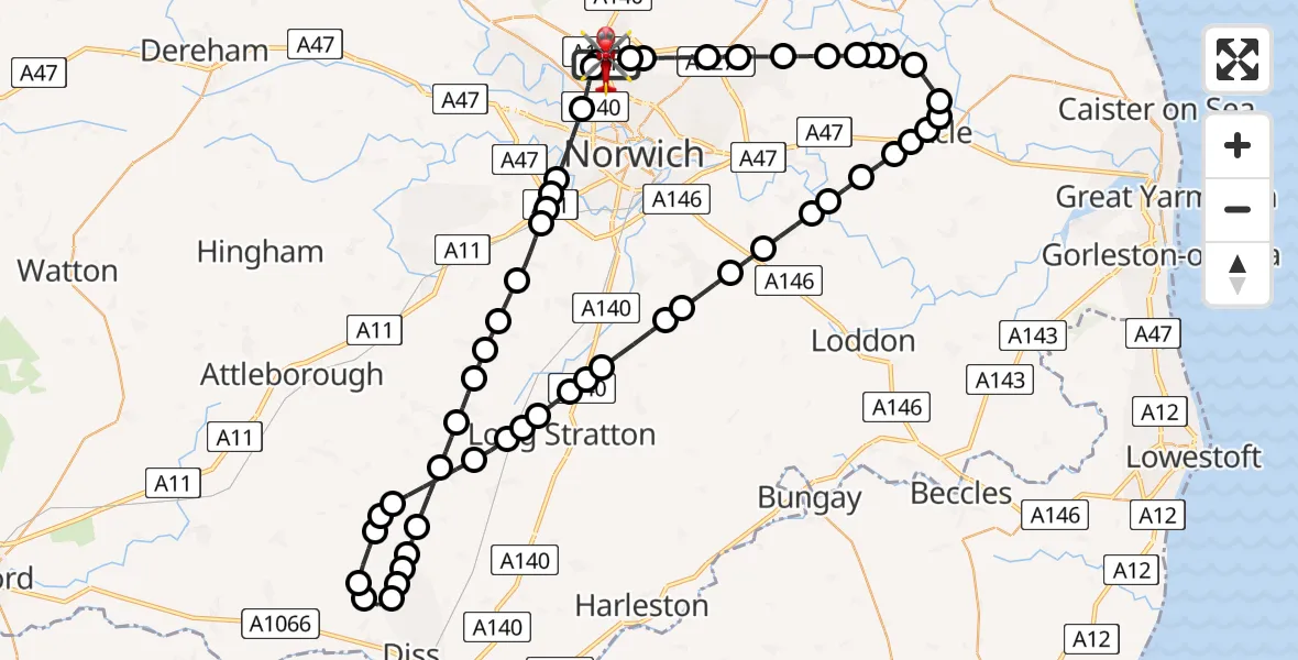 Flight route map: Air Ambulance Helicopter to Norwich Airport, Norwich Airport