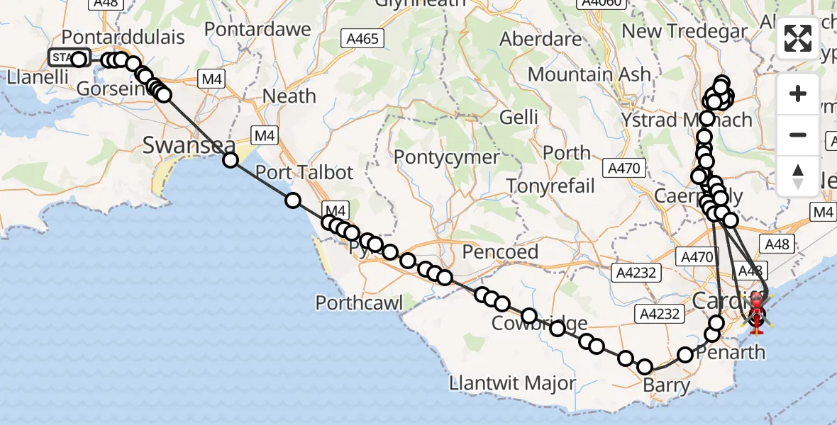 Flight route map: Air Ambulance Helicopter to Cardiff Heliport, Cardiff Heliport