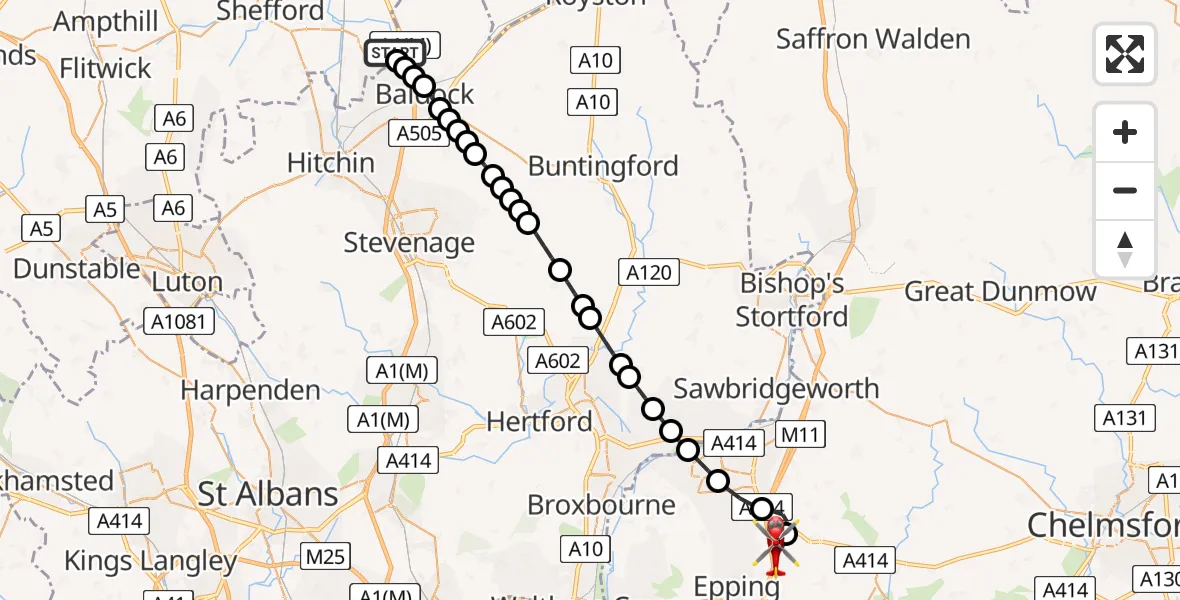 Routekaart van de vlucht: Air Ambulance Helicopter to North Weald Airfield, North Weald Airfield
