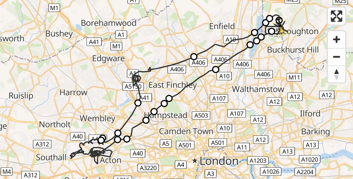 Flight route map: Police Helicopter to Sewardstonebury, Lippitts Hill
