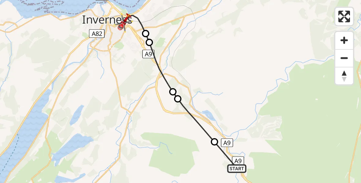 Flight route map: Air Ambulance Helicopter to Inverness, Raigmore Gardens