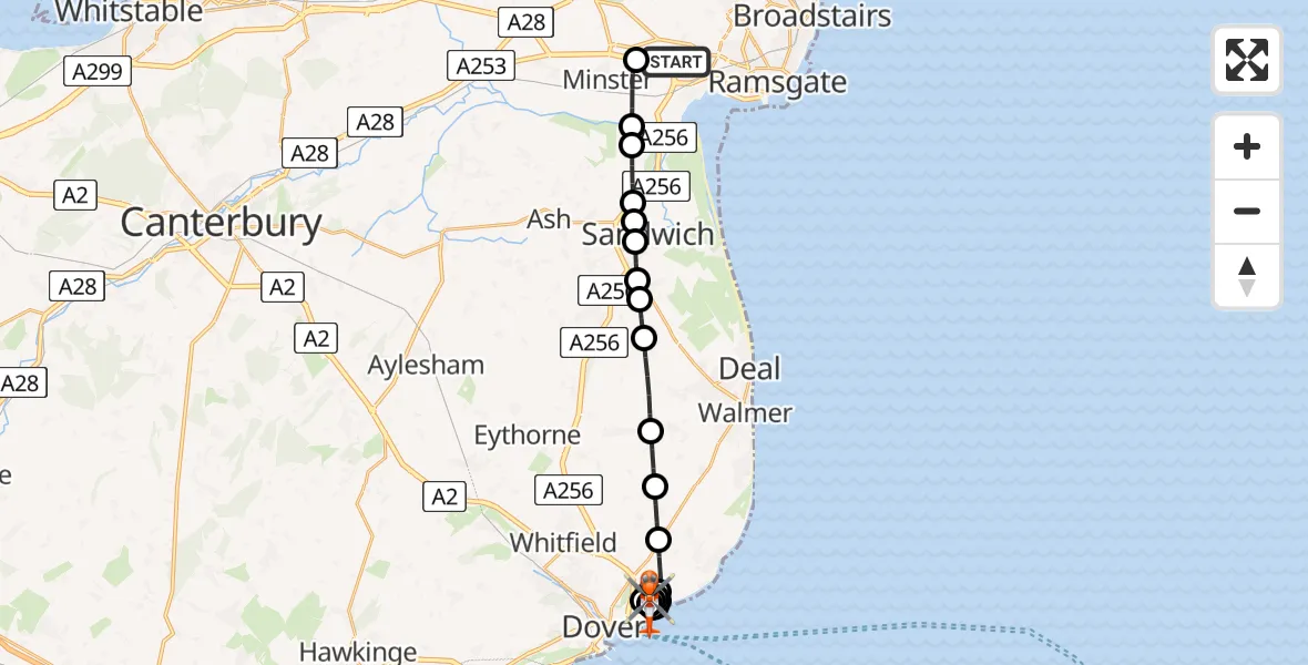 Flight route map: Coastguard Helicopter to St. Margaret's at Cliffe, Upper Road