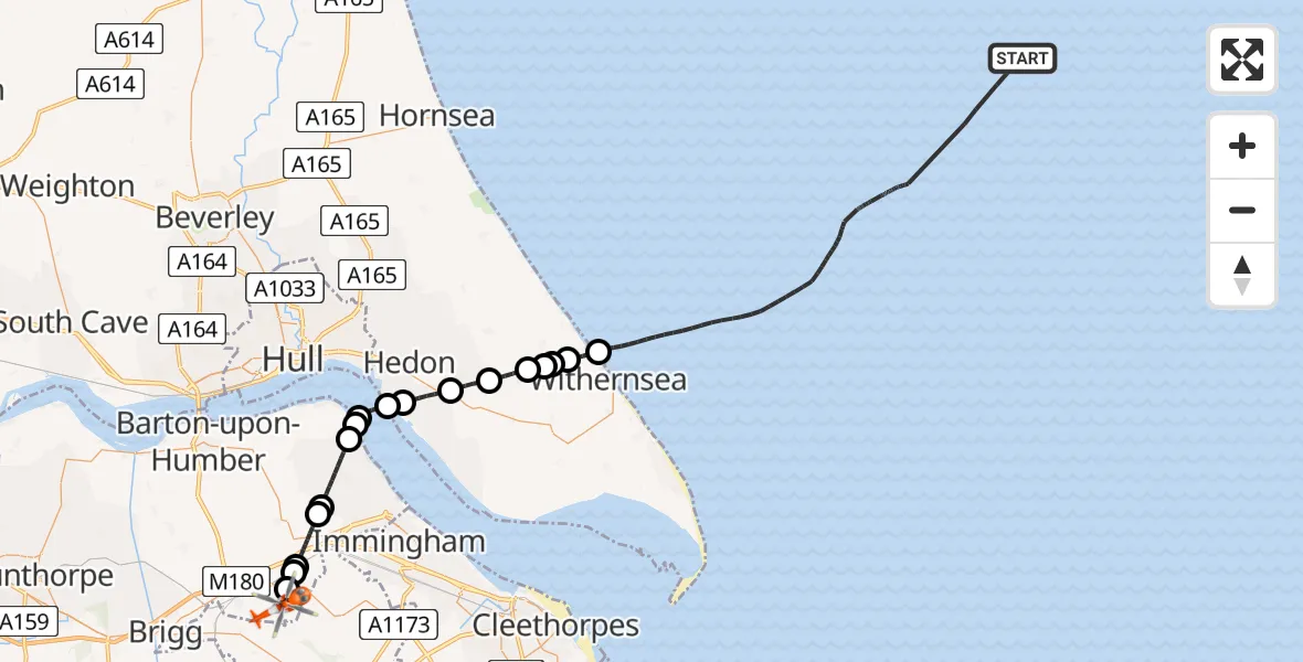 Flight route map: Coastguard Helicopter to Humberside Airport, Humberside Airport