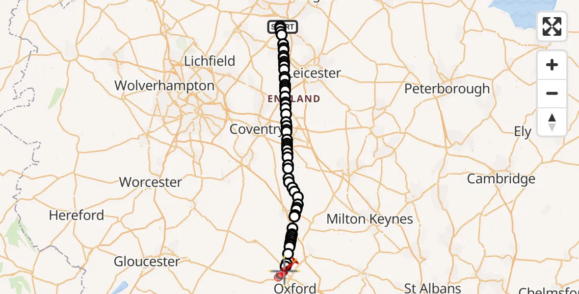 Flight route map: Air Ambulance Helicopter to London Oxford Airport, London Oxford Airport
