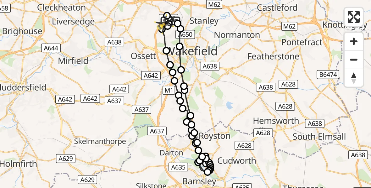 Routekaart van de vlucht: Police Helicopter to East Ardsley, Stoney Lane