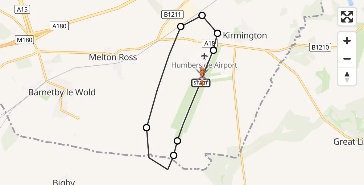 Flight route map: Coastguard Helicopter to Humberside Airport, Humberside Airport