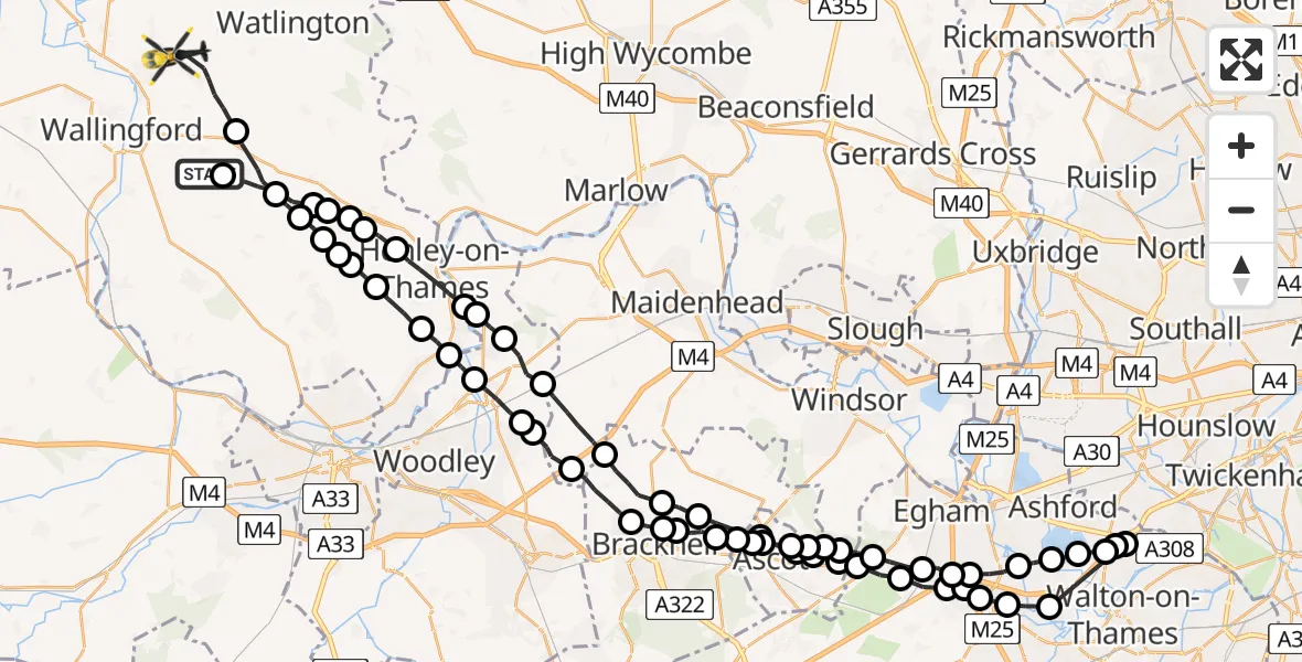 Flight route map: Police Helicopter to Ewelme, The Sands