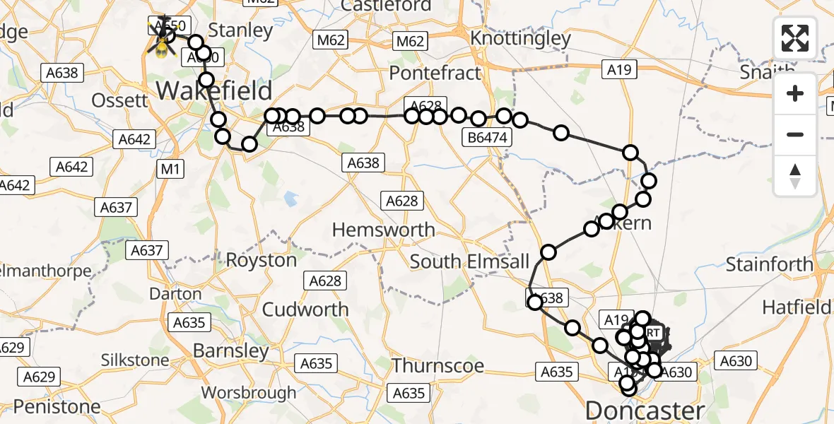Routekaart van de vlucht: Police Helicopter to East Ardsley, Stoney Lane