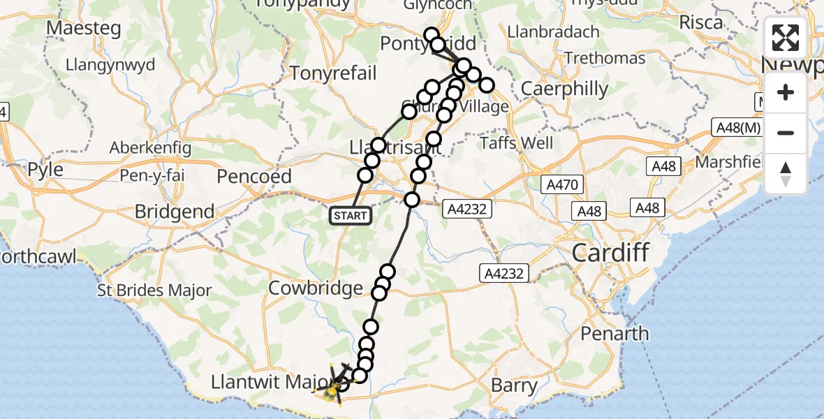 Routekaart van de vlucht: Police Helicopter to MOD St Athan, MOD St Athan