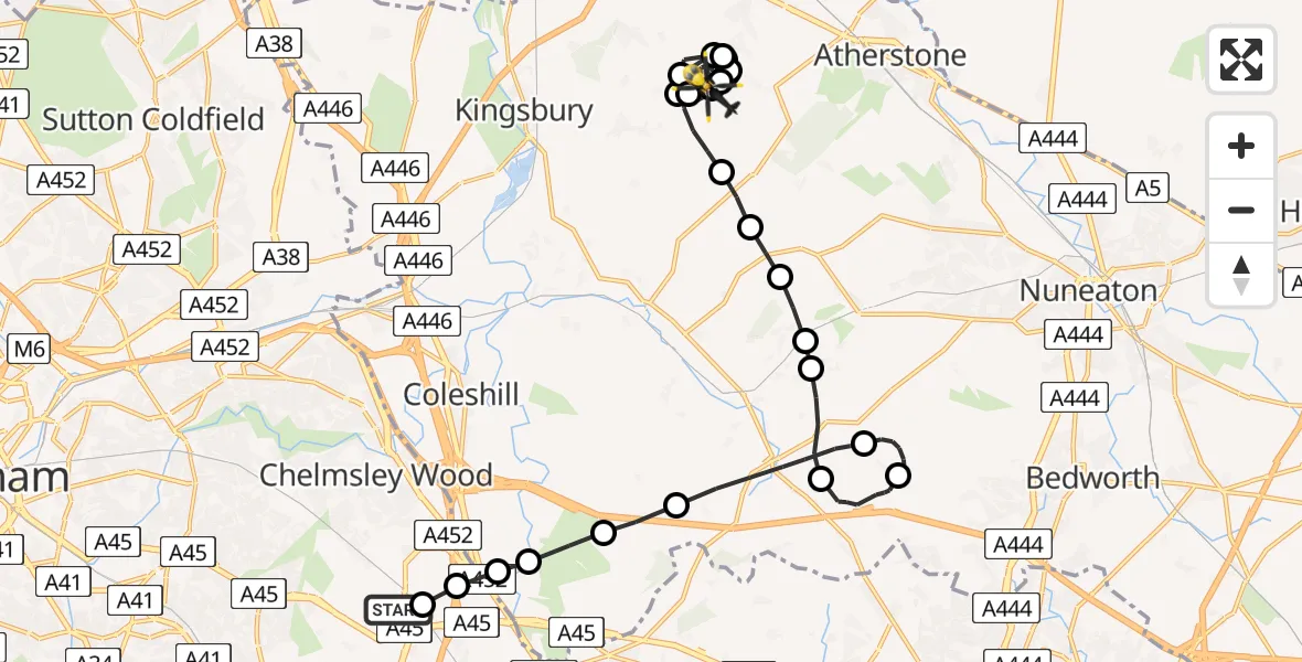 Flight route map: Police Helicopter to Baxterley CP, Main Road