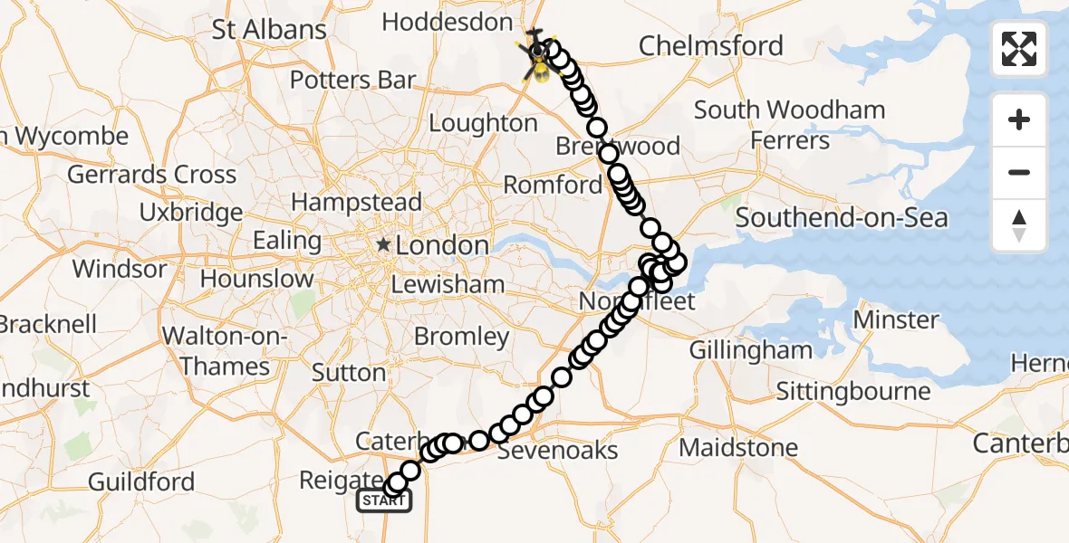 Flight route map: Police Helicopter to North Weald Airfield, North Weald Airfield