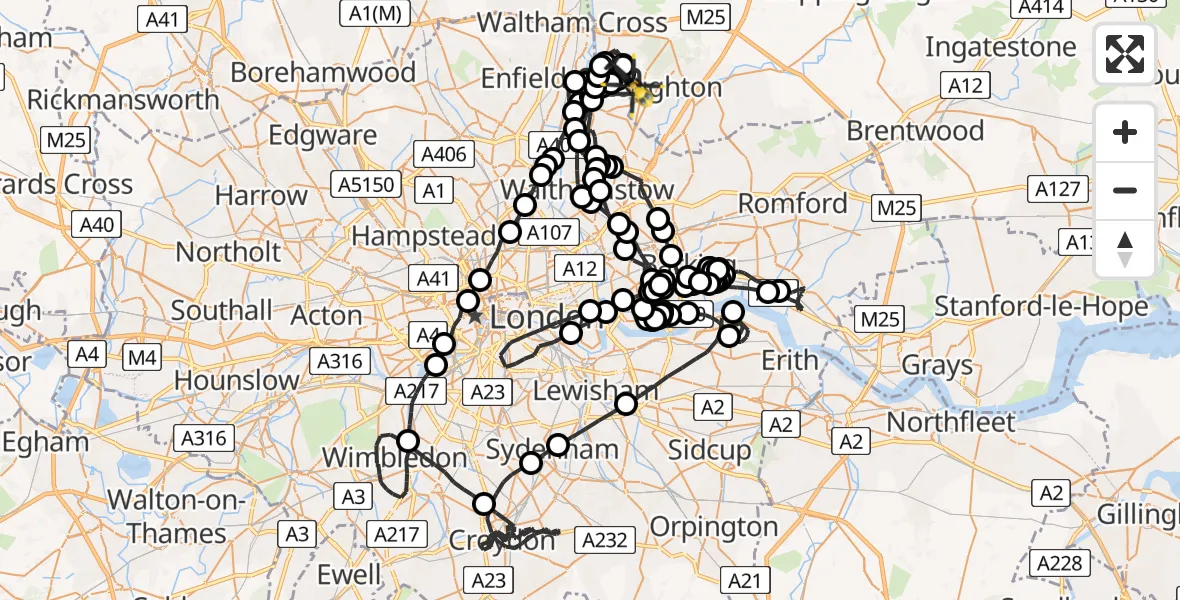 Flight route map: Police Helicopter to Sewardstonebury, Lippitts Hill