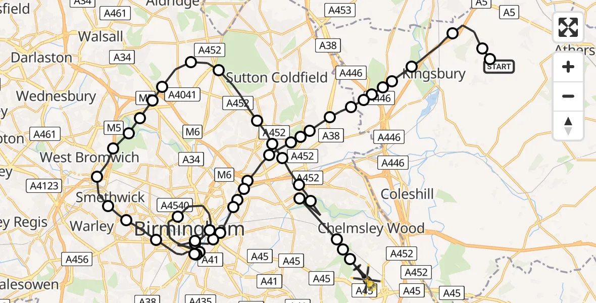 Flight route map: Police Helicopter to Birmingham Airport, Birmingham Airport