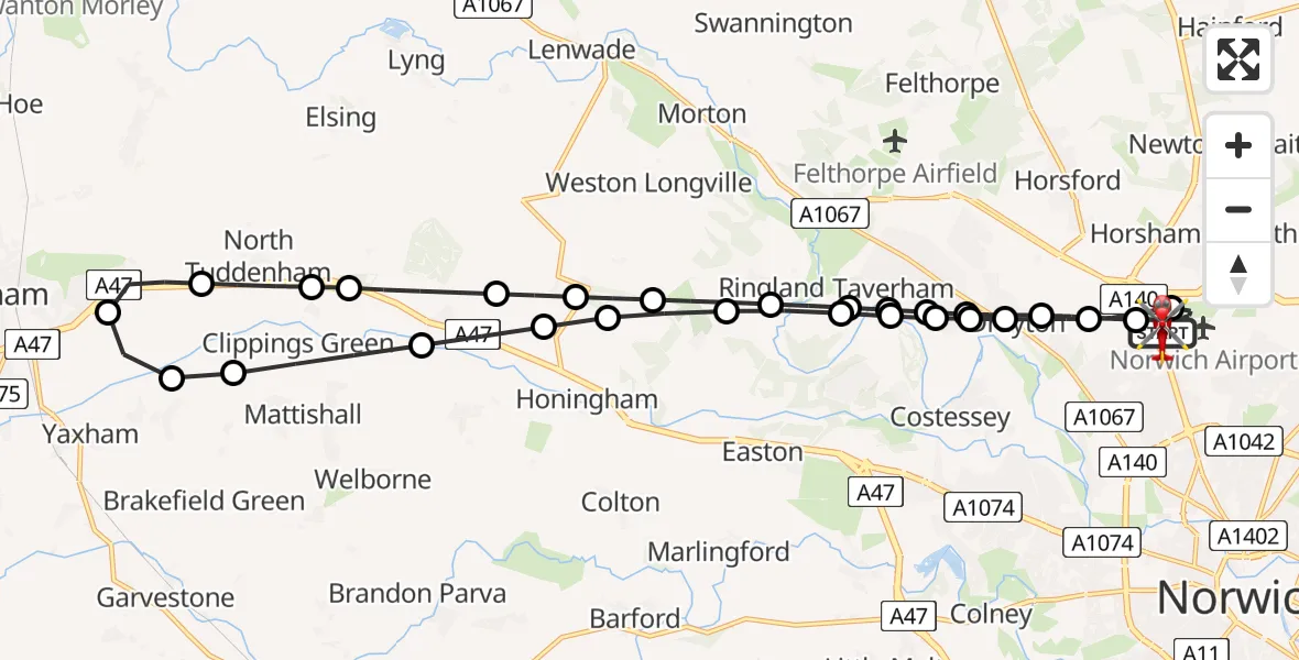 Flight route map: Air Ambulance Helicopter to Norwich Airport, Norwich Airport