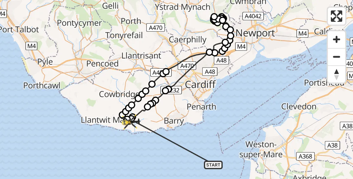 Flight route map: Police Helicopter to St Athan, Castleton Park