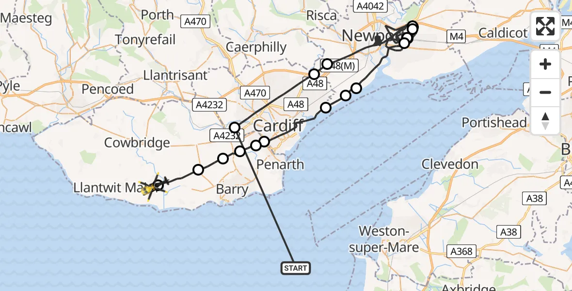 Flight route map: Police Helicopter to Flemingston, Mallory Close