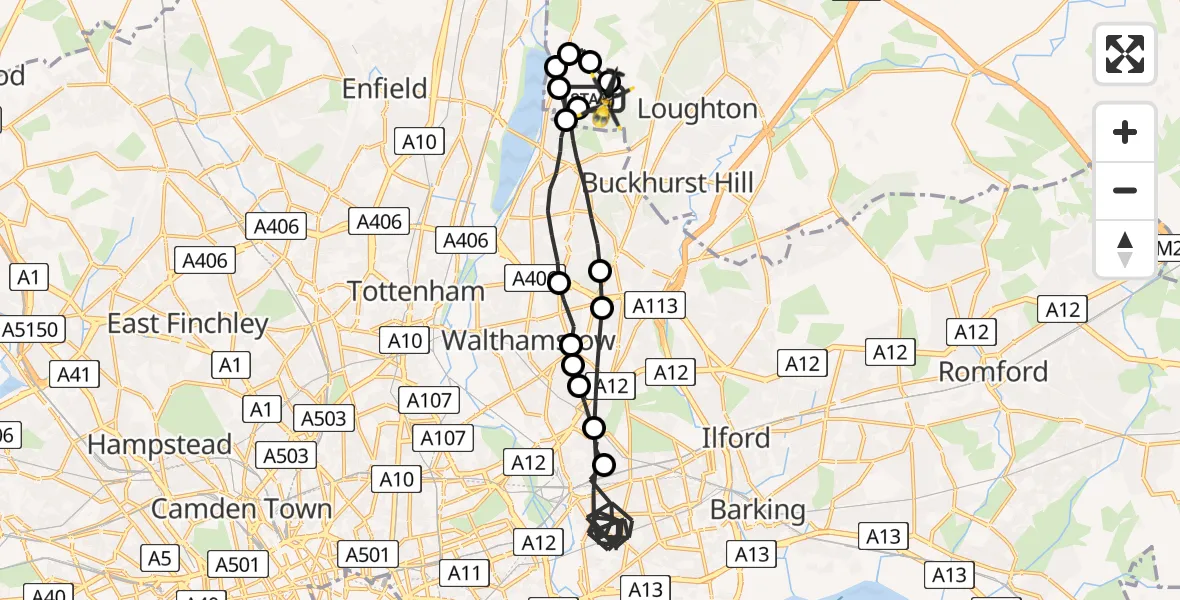 Flight route map: Police Helicopter to Sewardstonebury, Bury Road