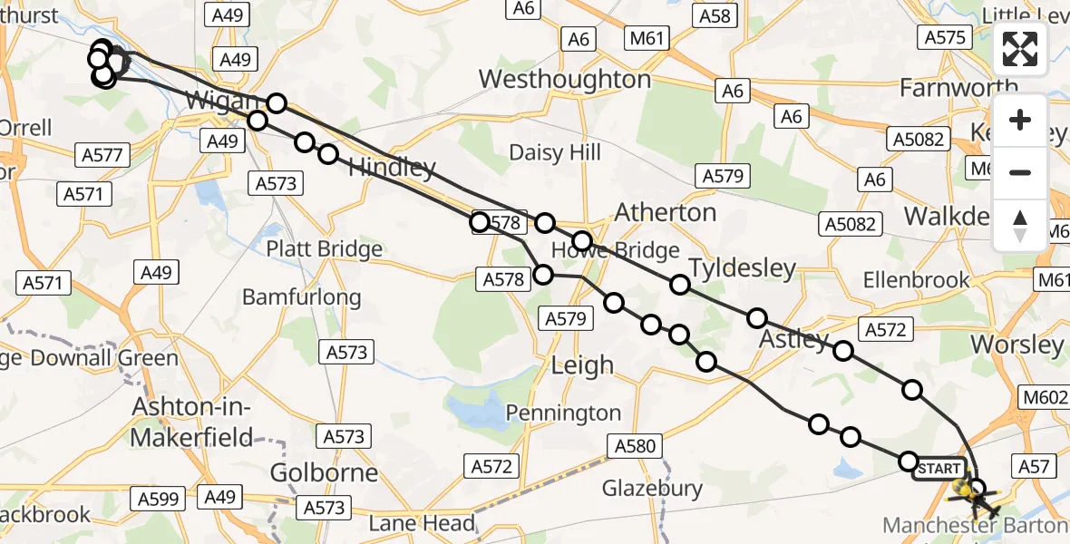Flight route map: Police Helicopter to Manchester Barton Aerodrome, Manchester Barton Aerodrome