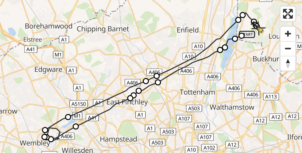 Flight route map: Police Helicopter to Metropolitan Police Air Support Unit Lippitts Hill, Metropolitan Police Air Support Unit Lippitts Hill