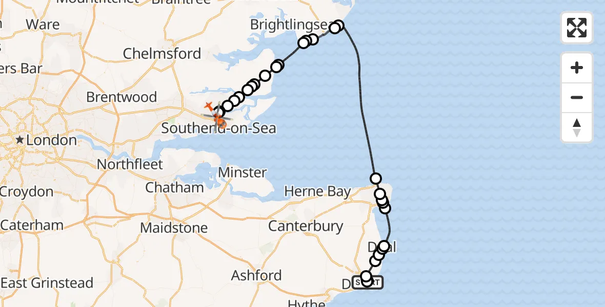 Flight route map: Coastguard Helicopter to London Southend Airport, London Southend Airport