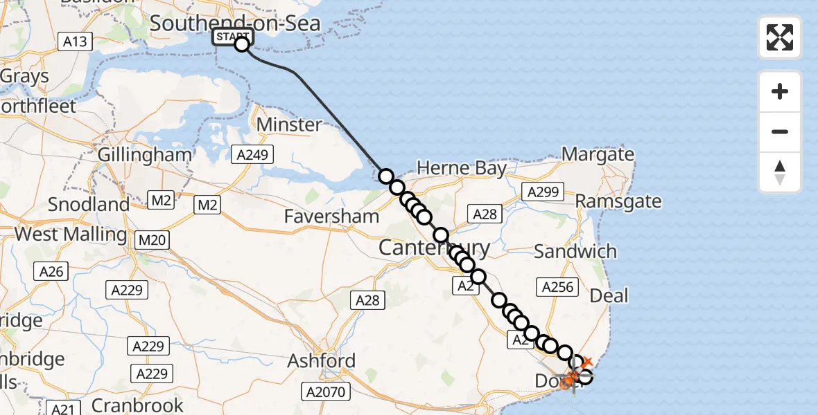 Flight route map: Coastguard Helicopter to St. Margaret's at Cliffe, Upper Road