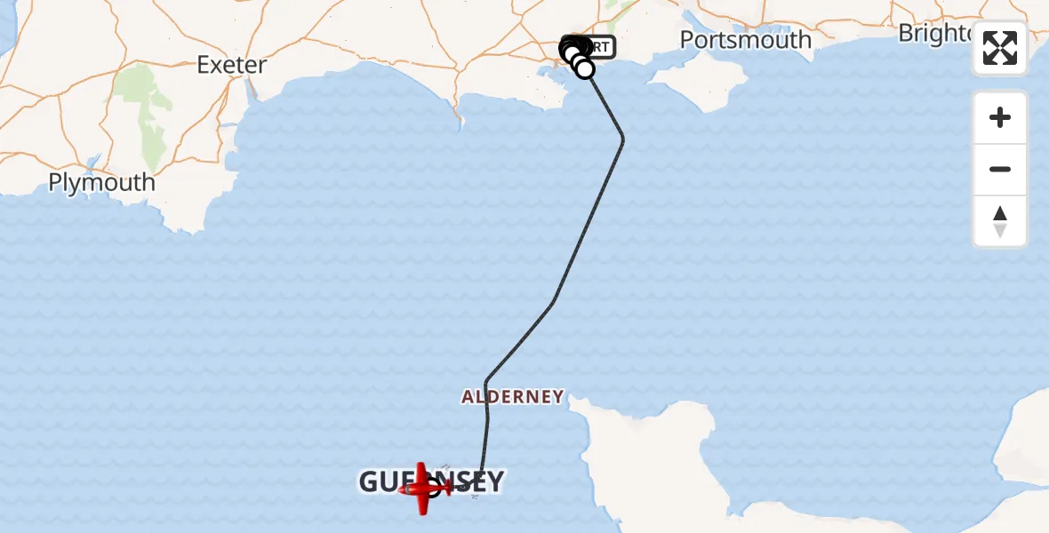 Flight route map: Air Ambulance Aircraft to Guernsey Airport, Guernsey Airport