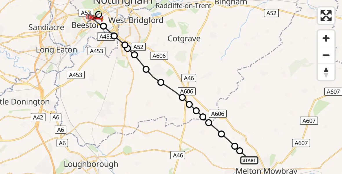 Flight route map: Air Ambulance Helicopter to City of Nottingham, Lakeside Walk