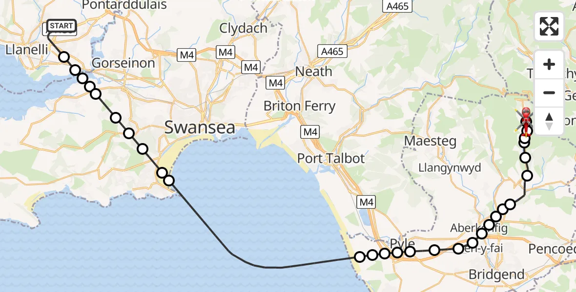 Flight route map: Air Ambulance Helicopter to Nant-y-moel, Commercial Street