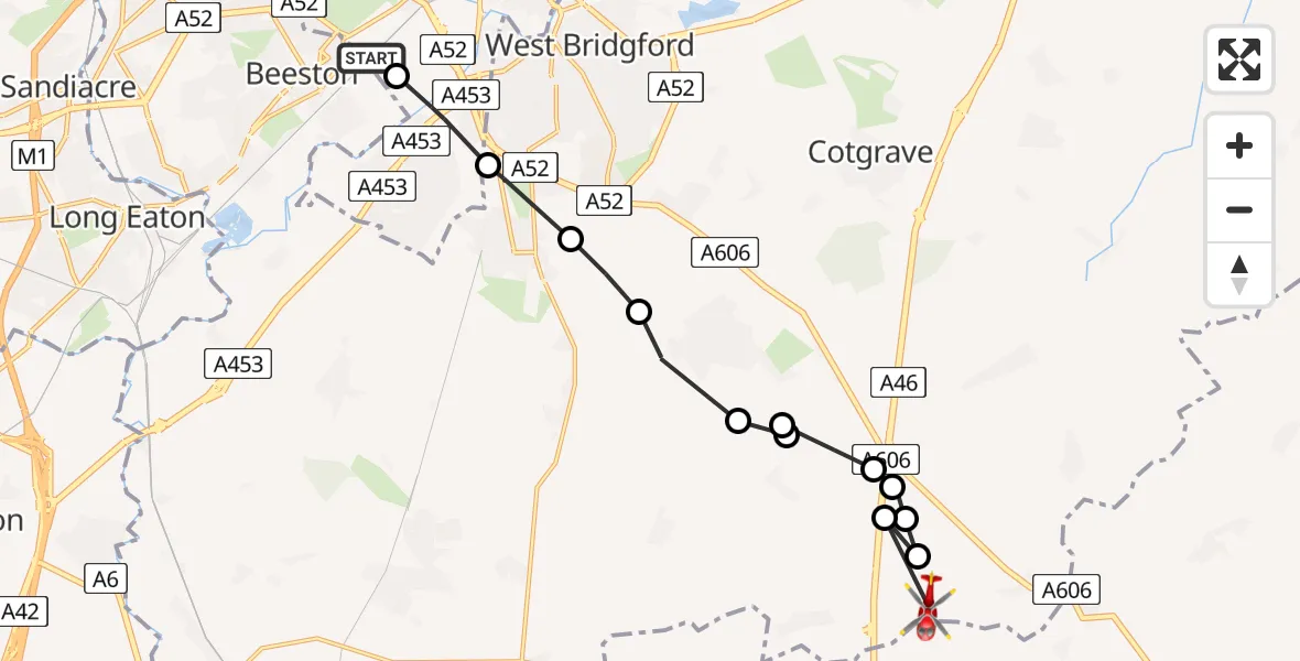 Flight route map: Air Ambulance Helicopter to Rushcliffe, Station Road