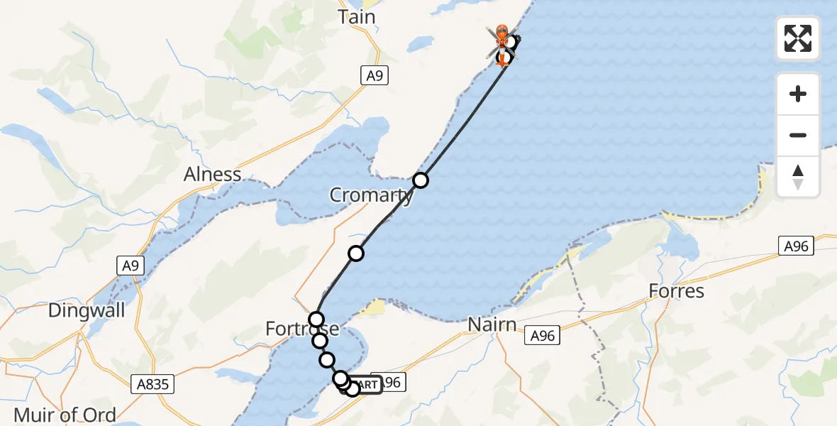 Flight route map: Coastguard Helicopter to Hilton of Cadboll, Hilton of Cadboll to Rockfield