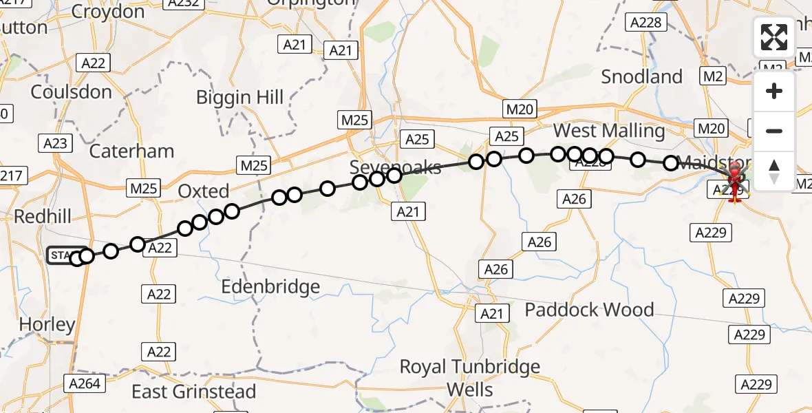 Flight route map: Air Ambulance Helicopter to Maidstone, Long Valley