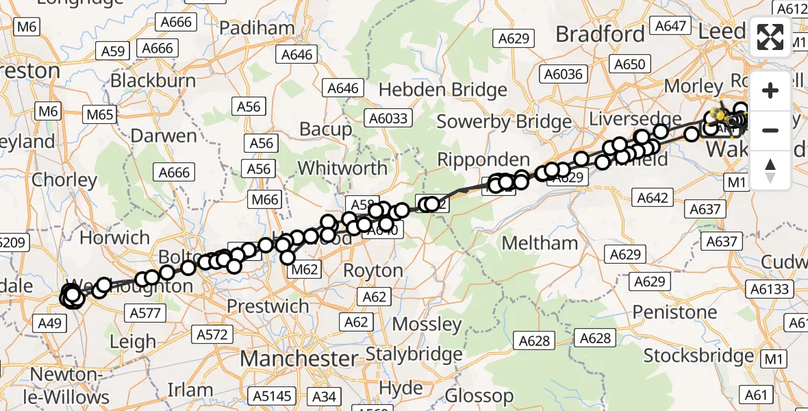Flight route map: Police Helicopter to East Ardsley, Stoney Lane