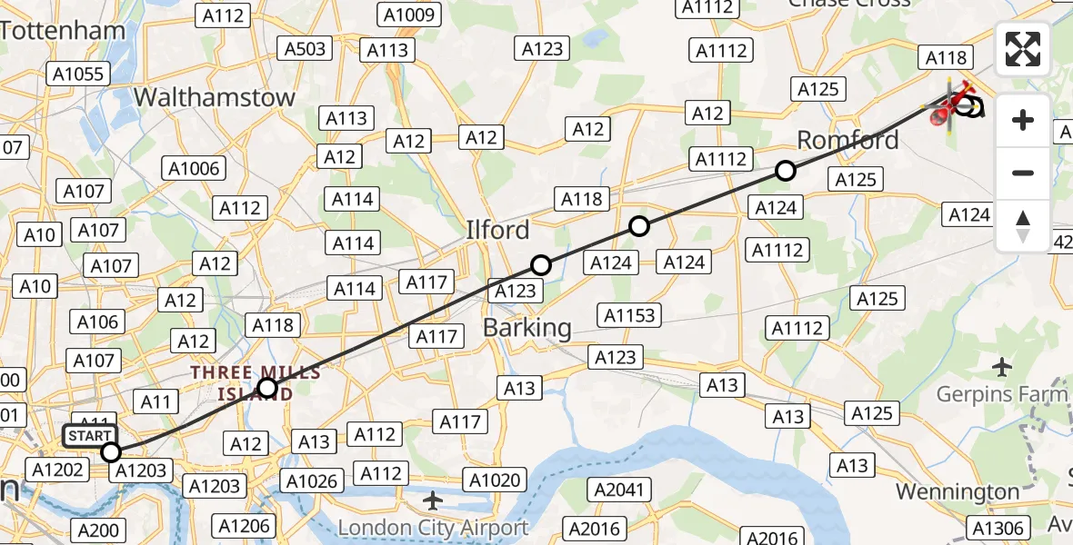 Flight route map: Air Ambulance Helicopter to London Borough of Havering, Helen Road