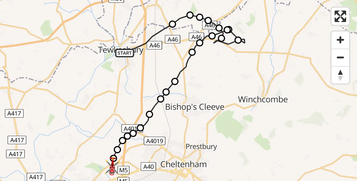 Flight route map: Air Ambulance Helicopter to Gloucestershire Airport, Gloucestershire Airport