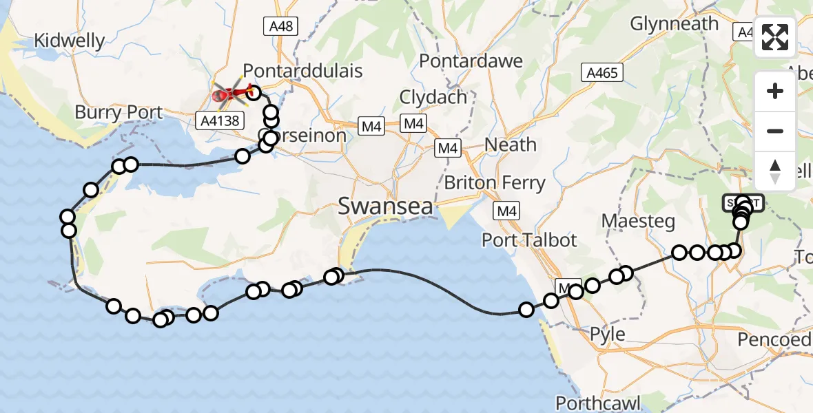 Flight route map: Air Ambulance Helicopter to Dafen, Heol Aur