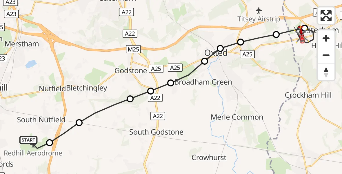 Flight route map: Air Ambulance Helicopter to Westerham, Farley Lane