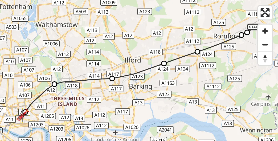 Flight route map: Air Ambulance Helicopter to Royal London Hospital, Royal London Hospital
