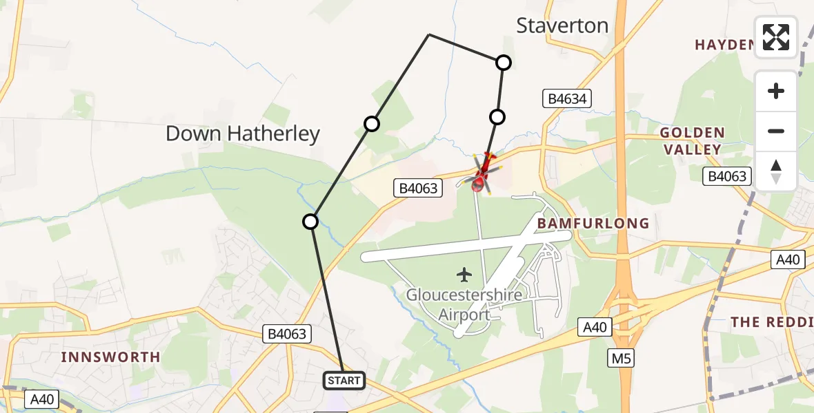 Flight path map showing Air Ambulance Helicopter route from Churchdown to Down Hatherley