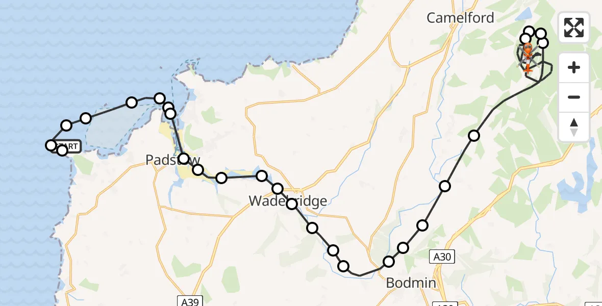 Flight route map: Coastguard Helicopter to St. Breward, Roughtor Road