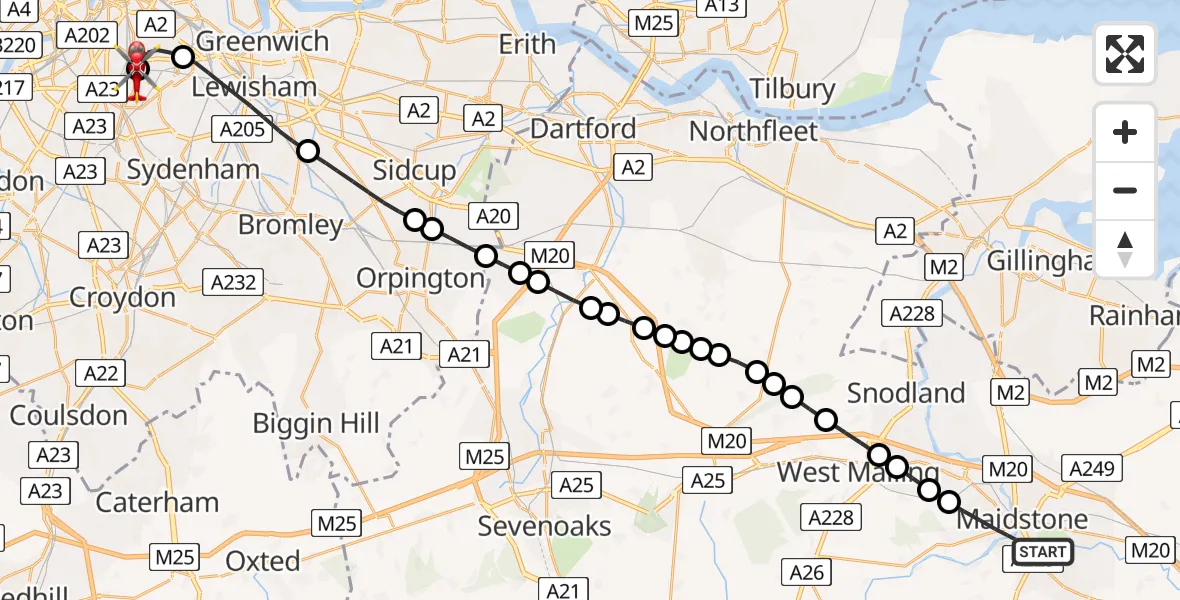 Flight route map: Air Ambulance Helicopter to Kings College London Hospital, Kings College London Hospital