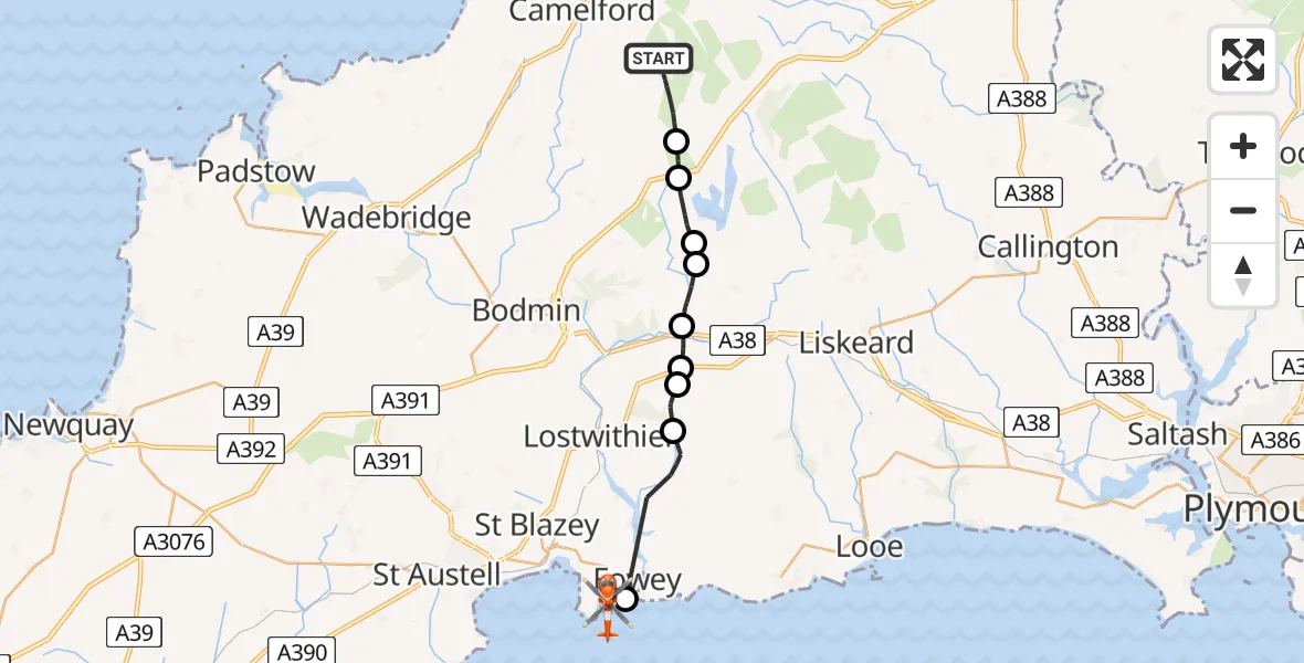 Flight route map: Coastguard Helicopter to Fowey, Fowey