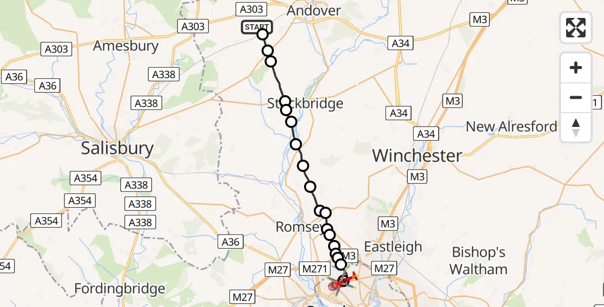 Flight route map: Air Ambulance Helicopter to University Hospital Southampton, Seymour Road