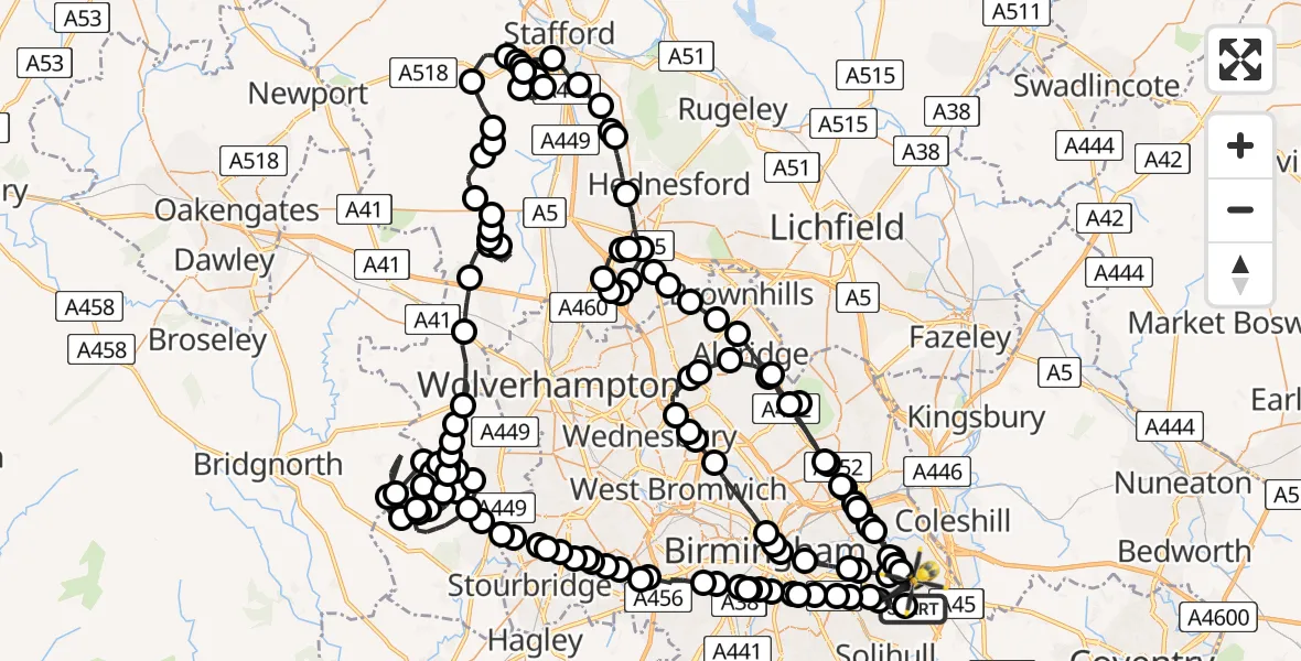 Flight route map: Police Helicopter to Birmingham Airport, Birmingham Airport
