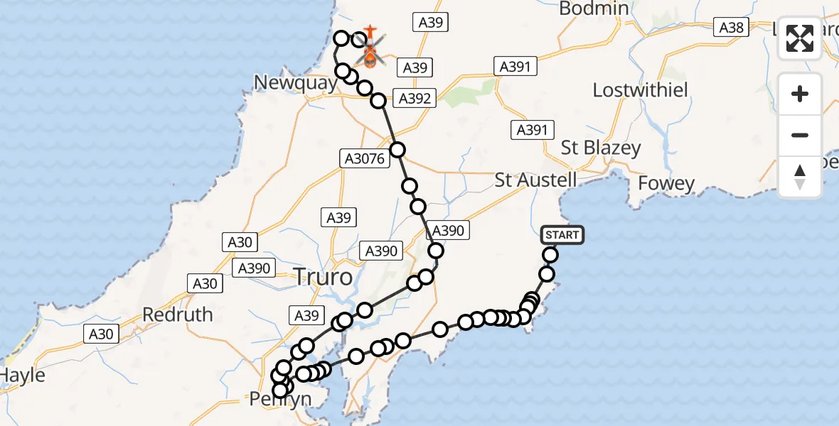 Flight route map: Coastguard Helicopter to Cornwall Airport Newquay, Cornwall Airport Newquay